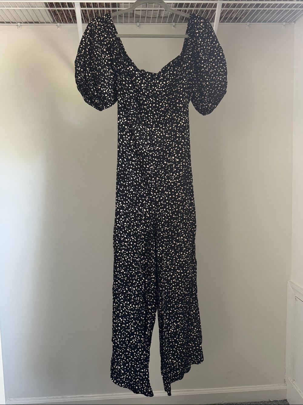 Black Puff-Sleeve Jumpsuit with White Dot Print